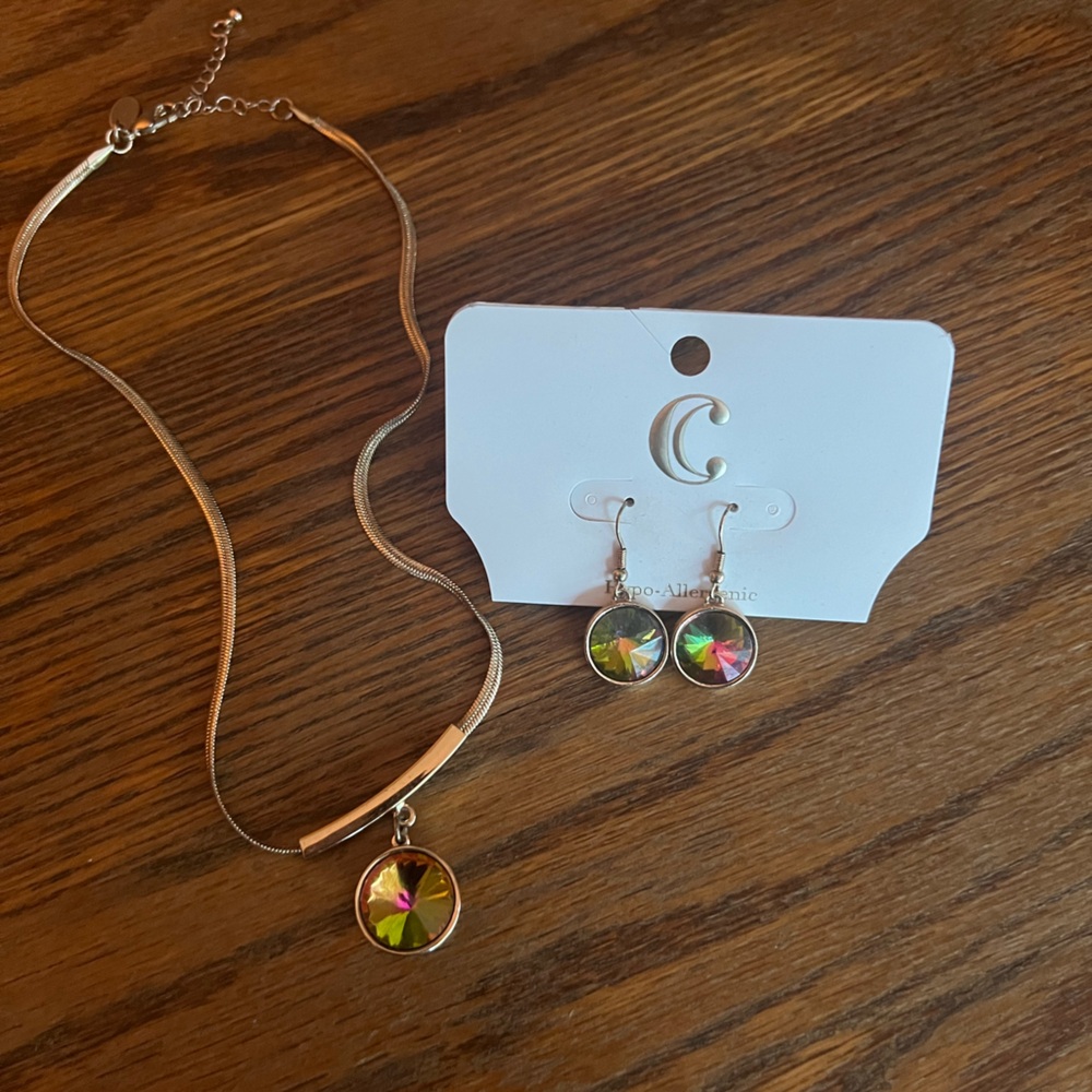 Charming Charlie Gold and Rainbow  Hypoallergenic Circle Earrings & Necklace